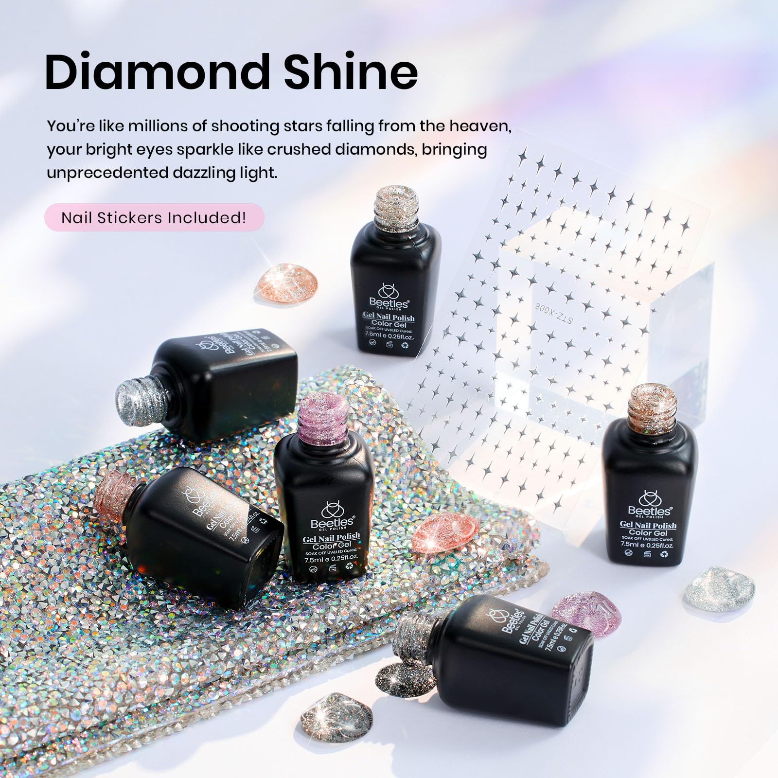 Beetles Gel Polish nail art sticker sheet close-up adding design options to sparkly manicures