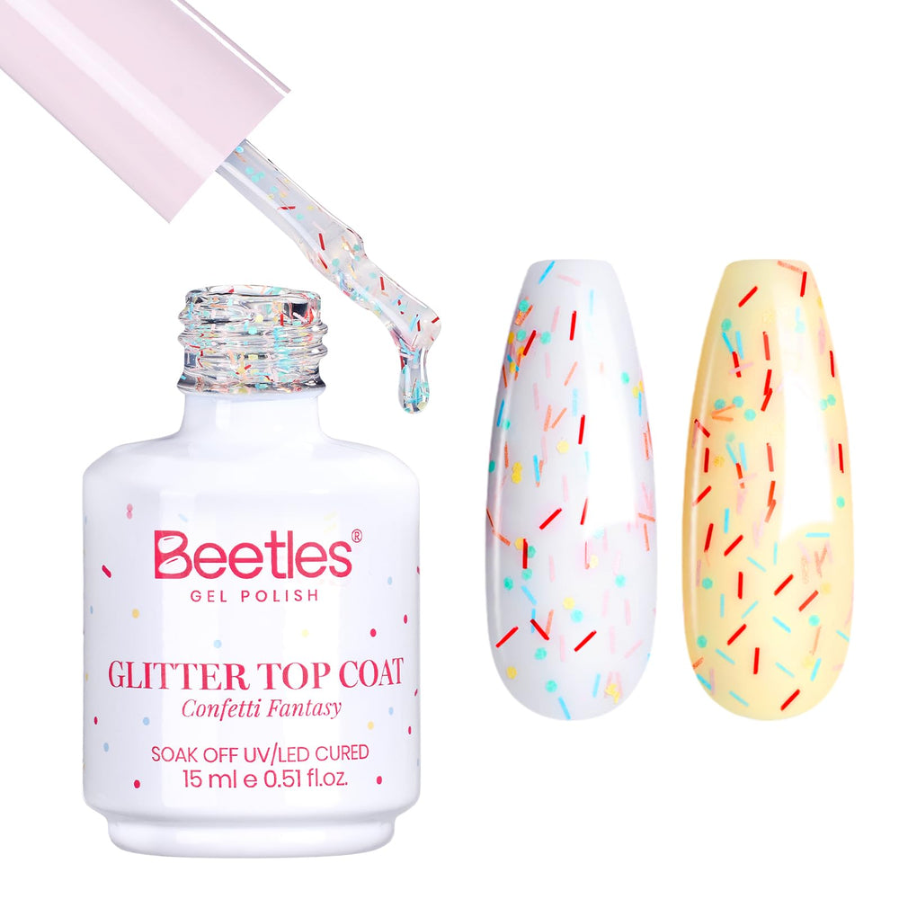 Beetles Gel Polish front bottle view showing 15ml glitter top coat and label benefits