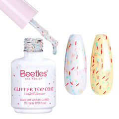 Beetles Gel Polish front bottle view showing 15ml glitter top coat and label benefits