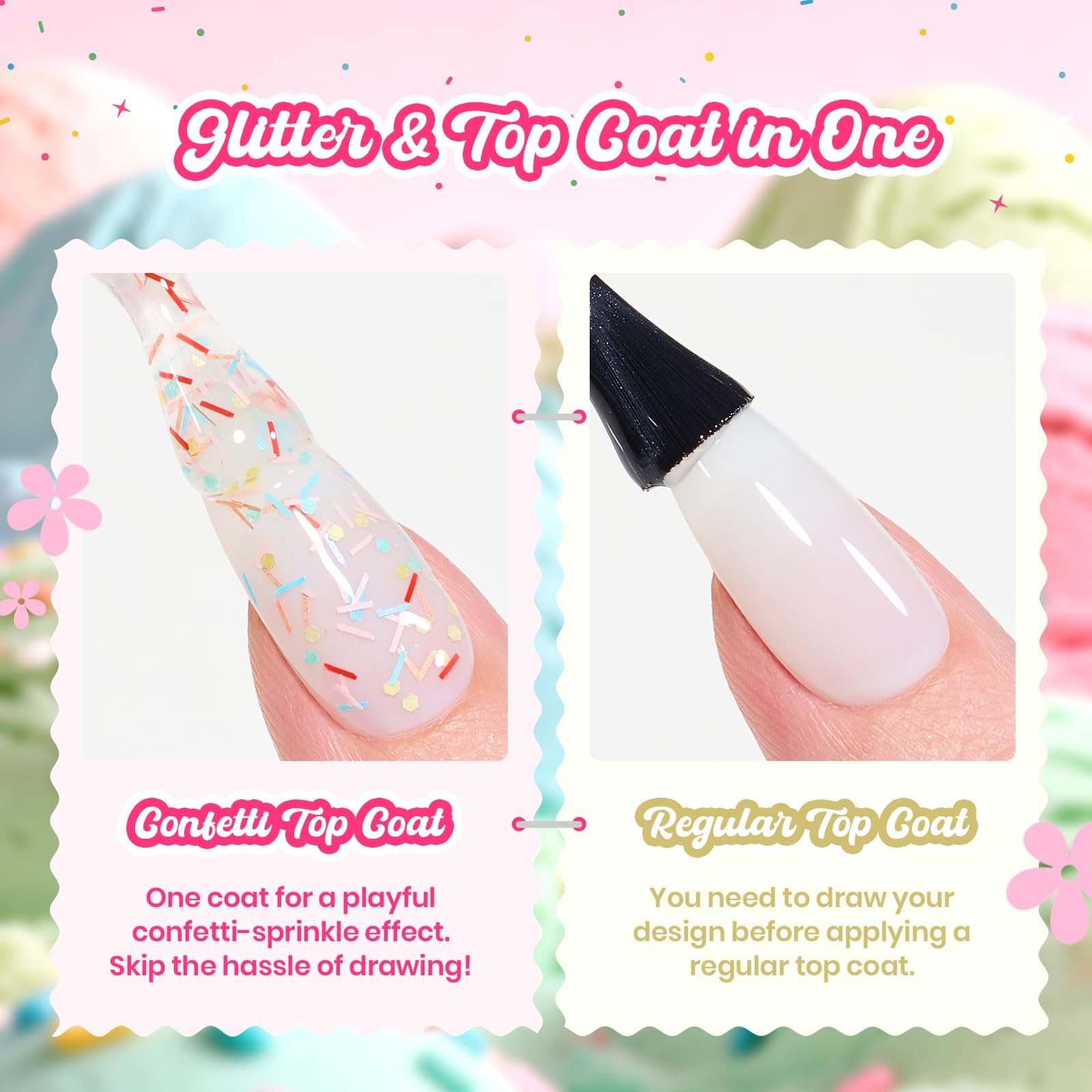 Beetles Gel Polish swatch on nail displaying cured high-gloss confetti finish