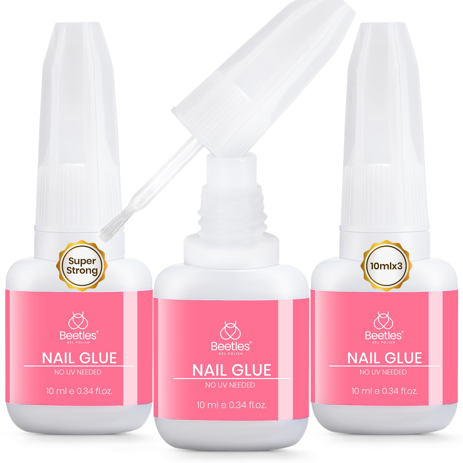 Beetles glue front packaging showing three 10ml bottles and product branding for dependable hold