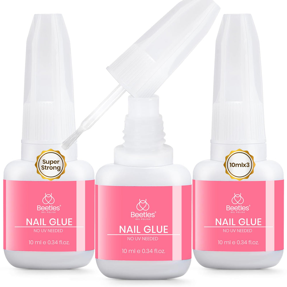 Beetles glue front packaging showing three 10ml bottles and product branding for dependable hold