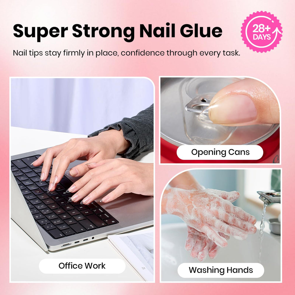Beetles Gel Polish glue being applied to a press-on tip demonstrating quick secure attachment