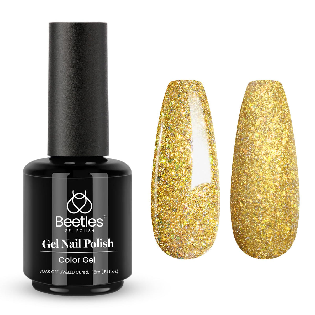 Beetles Gel Polish bottle front showing champagne gold glitter finish and shine