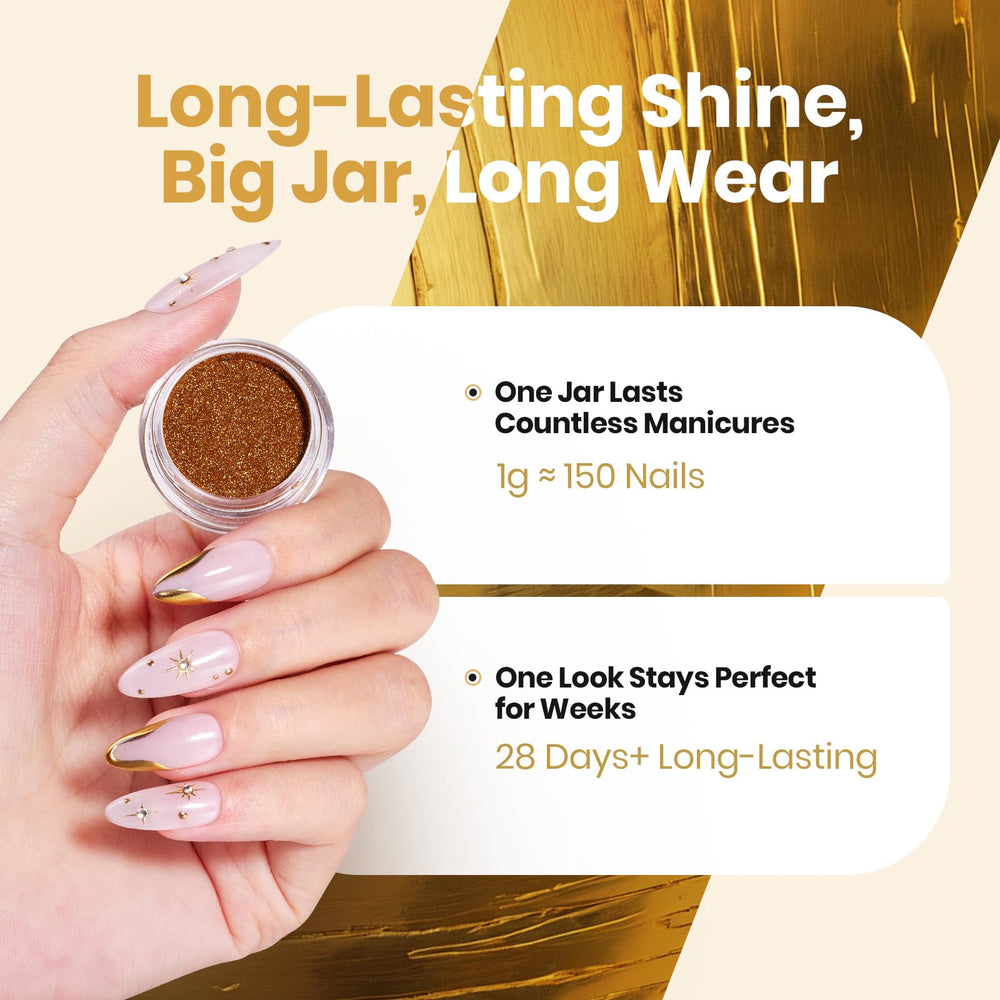 Beetles Gel Polish powder jar beside fingers showing amount per manicure benefit