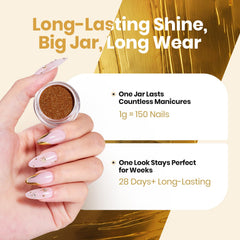 Beetles Gel Polish powder jar beside fingers showing amount per manicure benefit