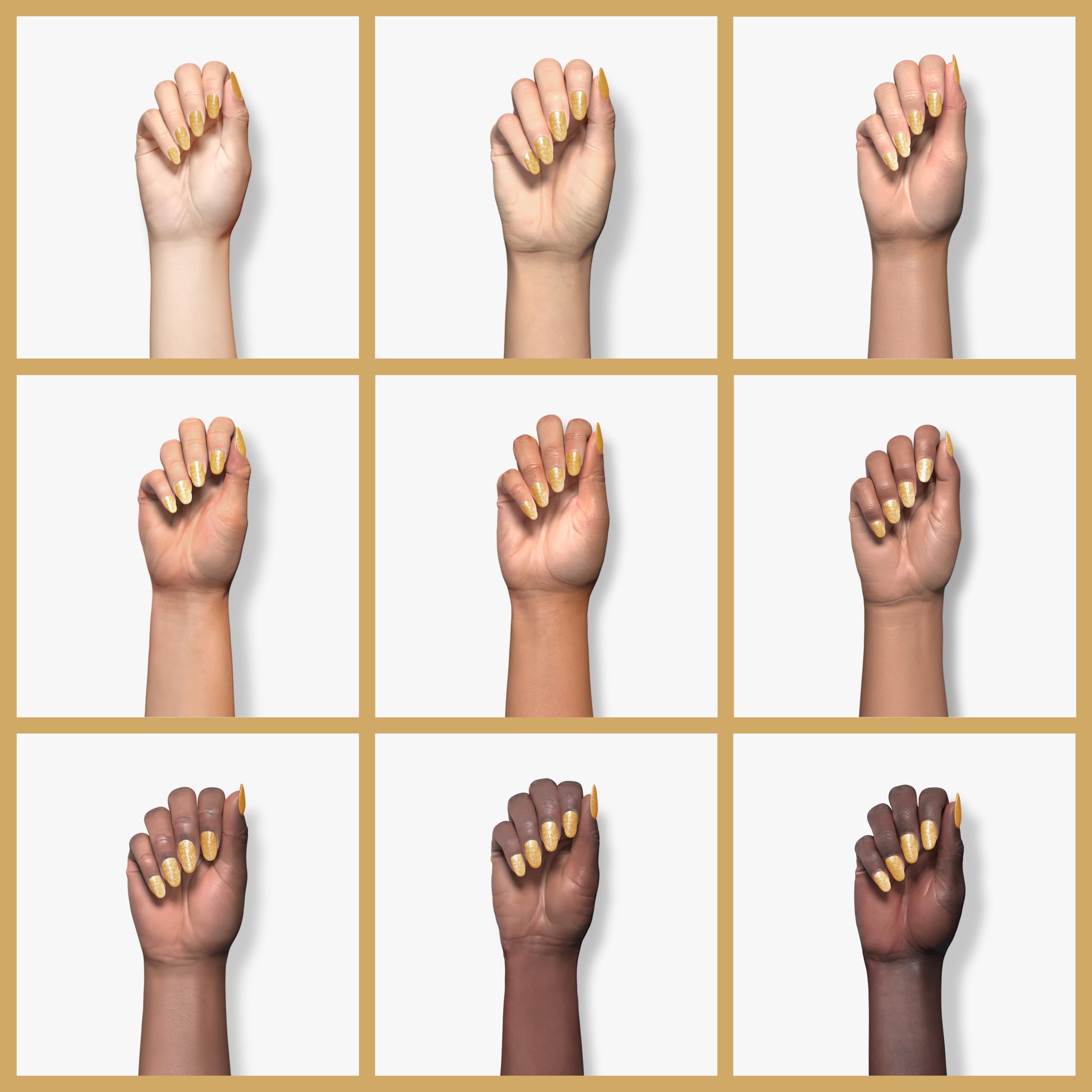 Beetles Gel Polish cured nail swatch displaying high-gloss champagne-gold sparkle