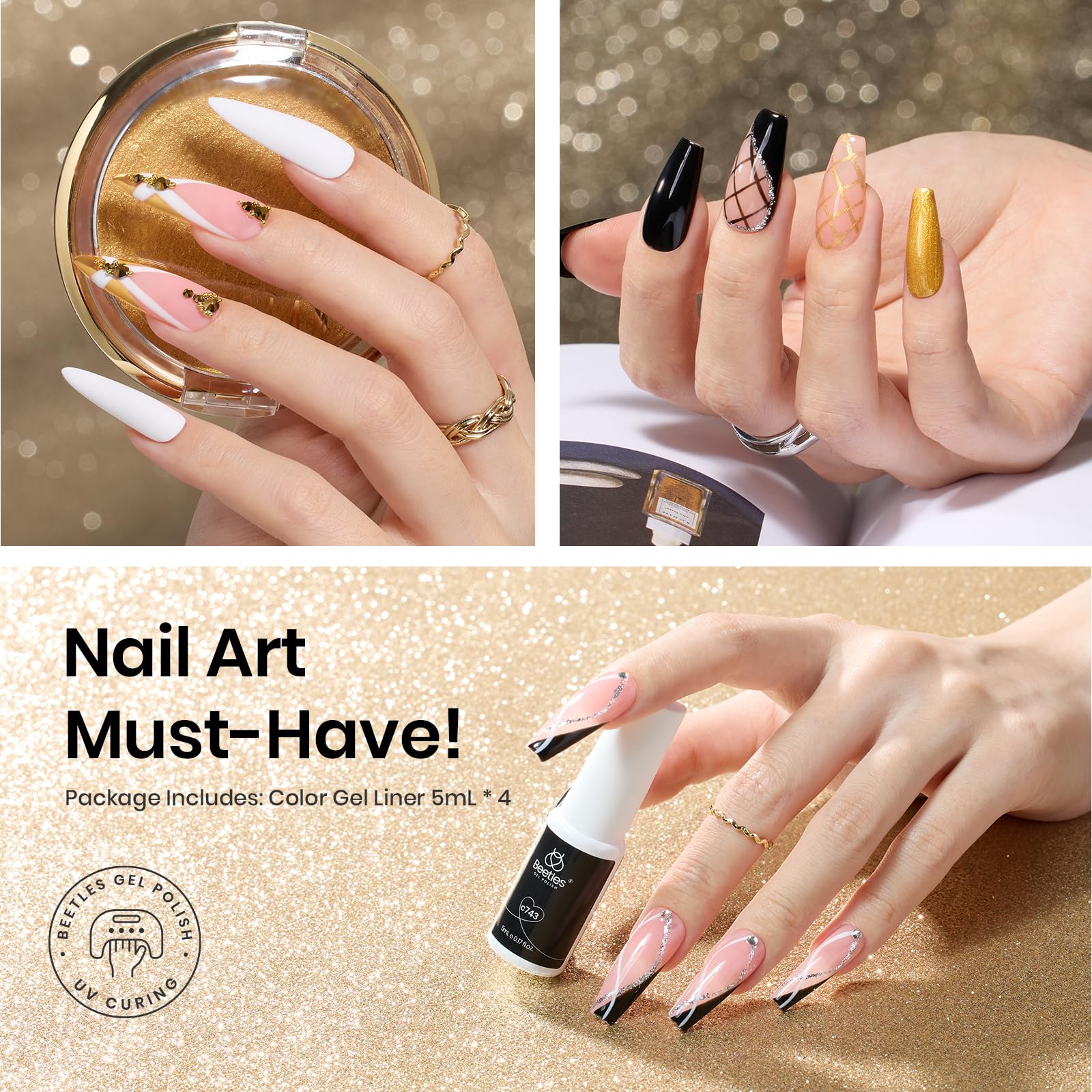 beetles gold and silver reflective swatches showing metallic shine benefit