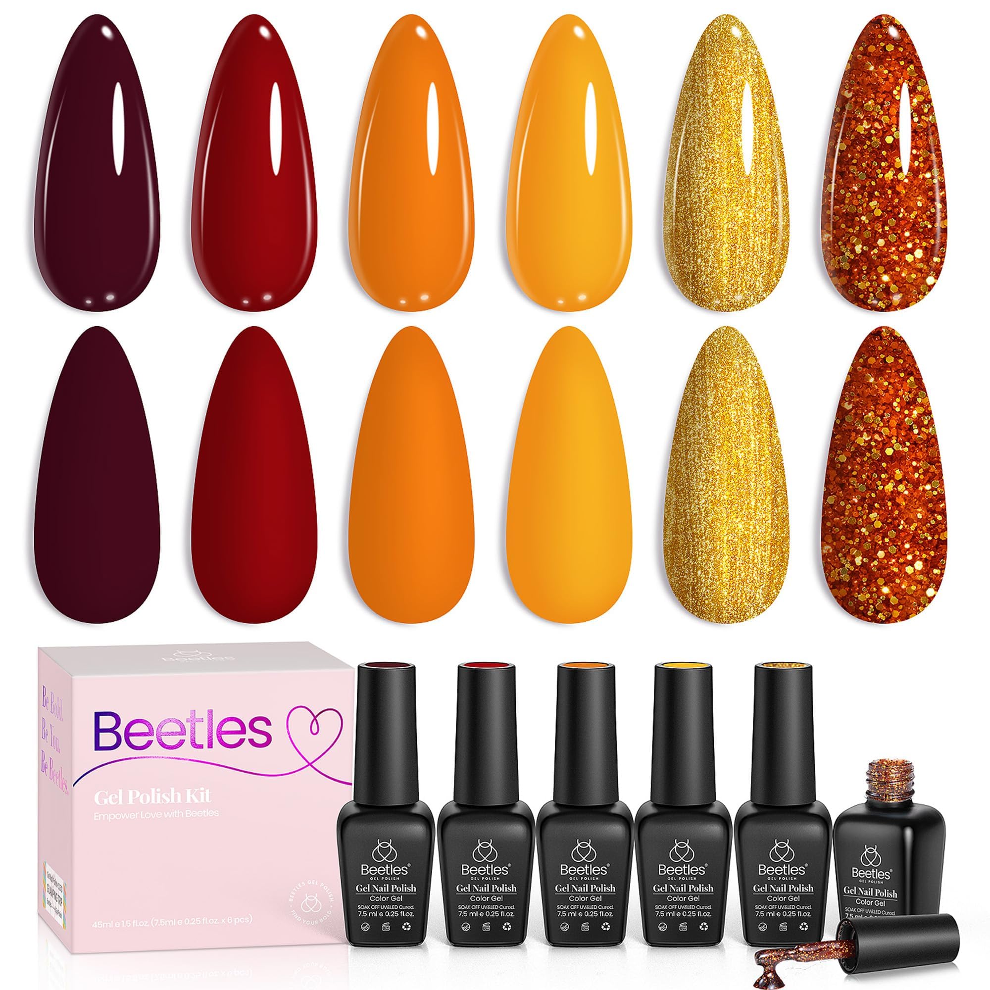 beetles front packaging showing six autumn gel bottles and kit benefits