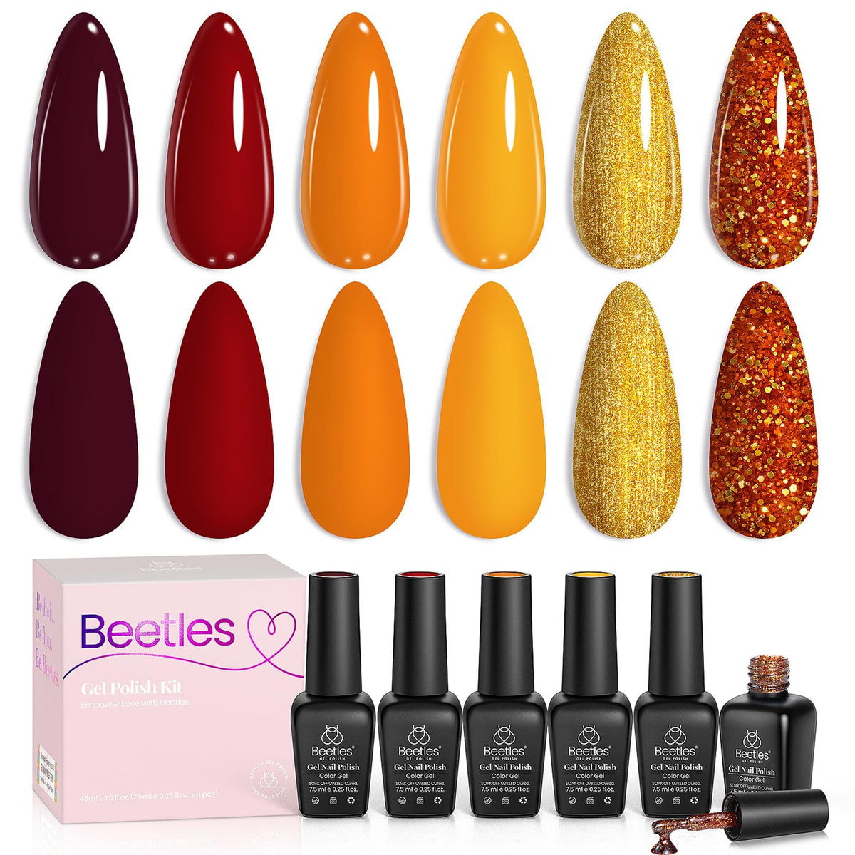 beetles front packaging showing six autumn gel bottles and kit benefits