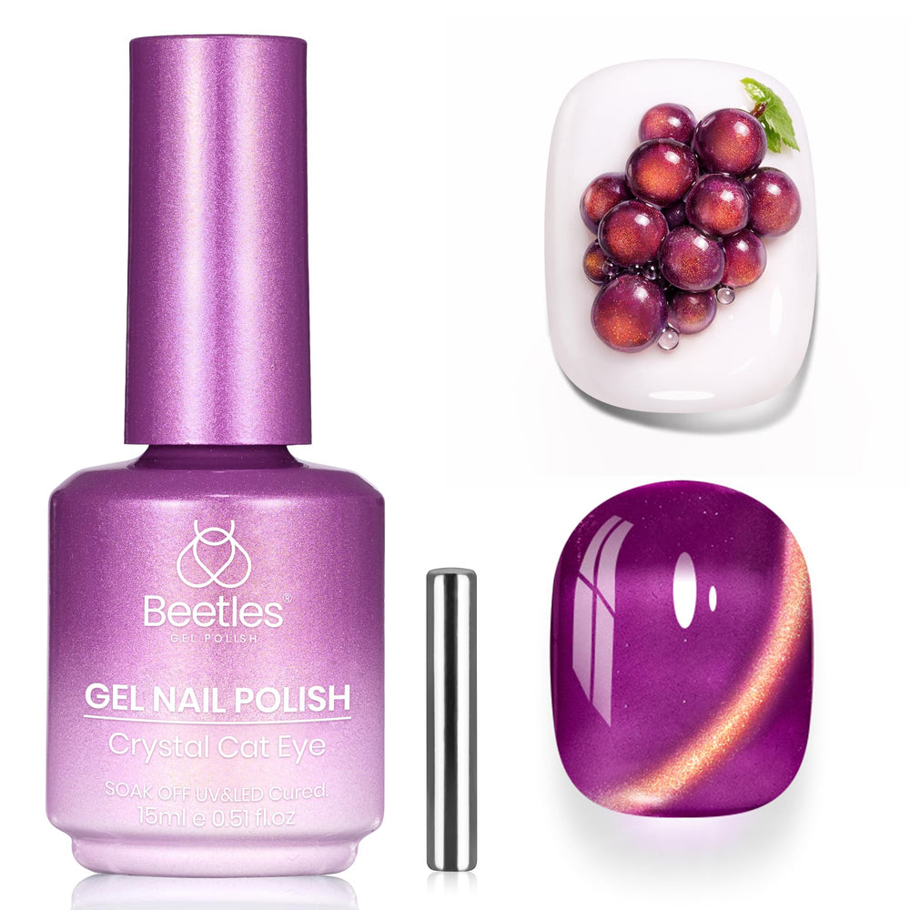 Beetles bottle front view showing grape gleam purple and glossy finish benefit