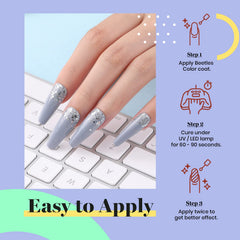 beetles Gel Polish bottle beside a hand showing size and how many manicures per bottle