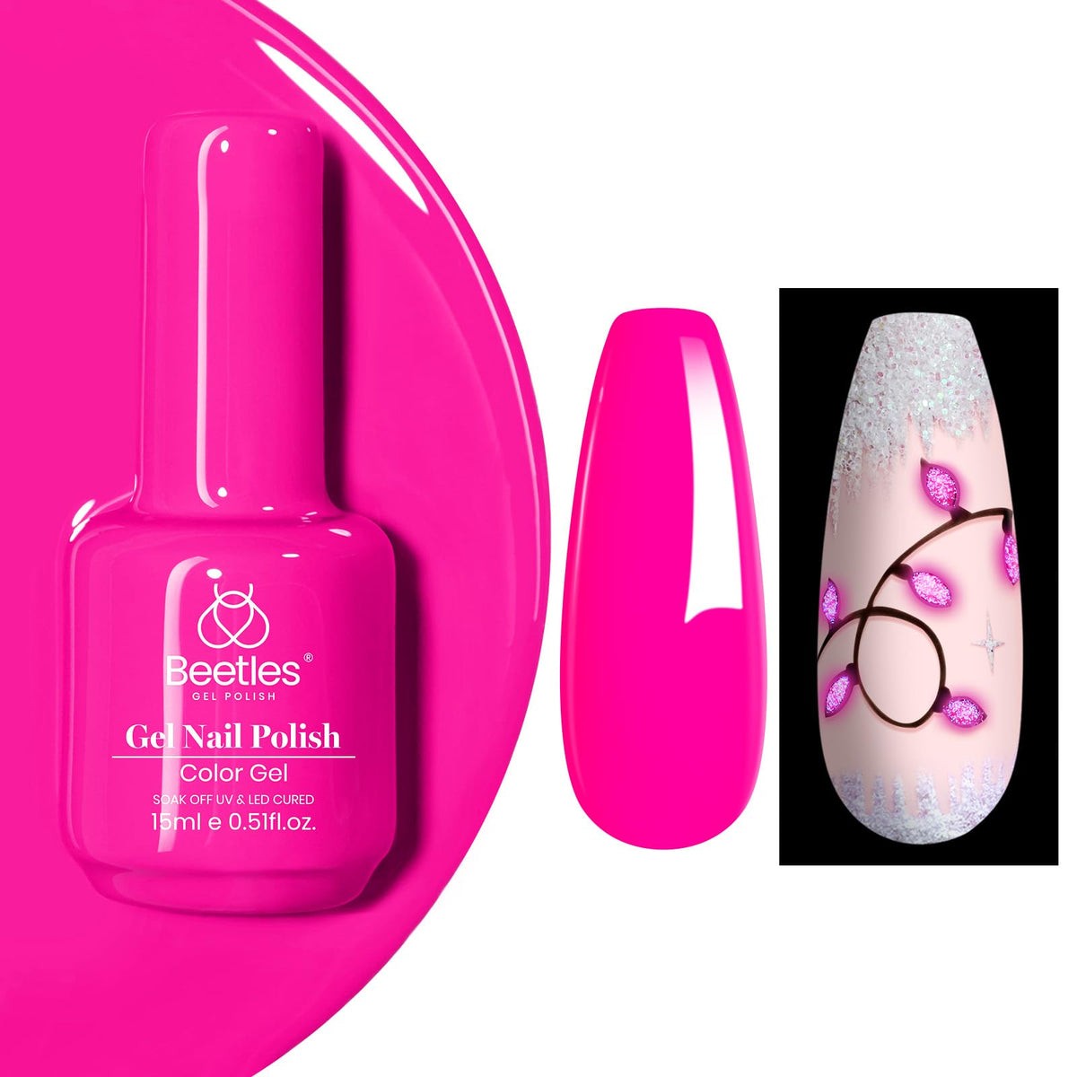 beetles hot pink front bottle showing vibrant color and glow benefit