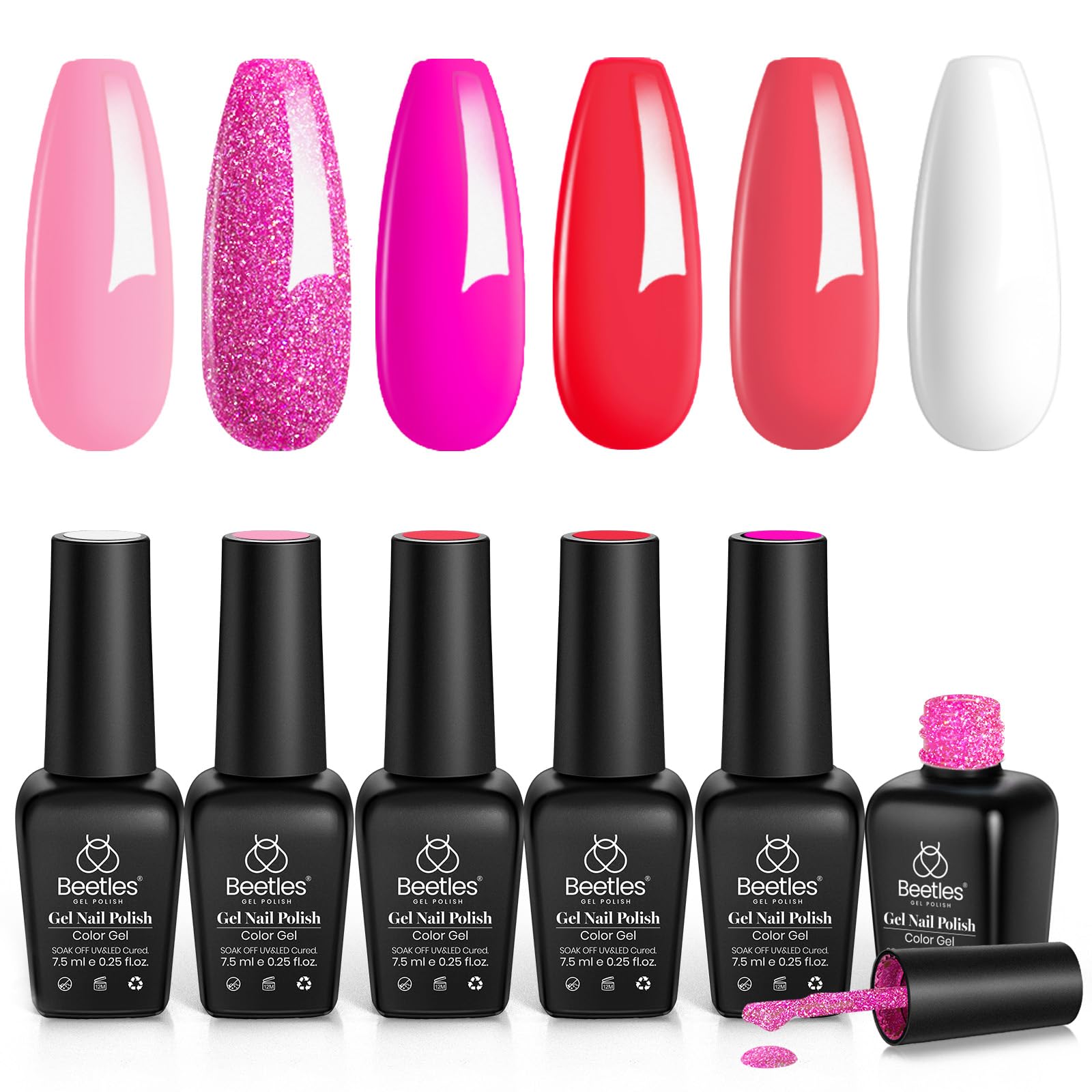 beetles Gel Polish front packaging showing six pink bottles and brand label, clear organization benefit