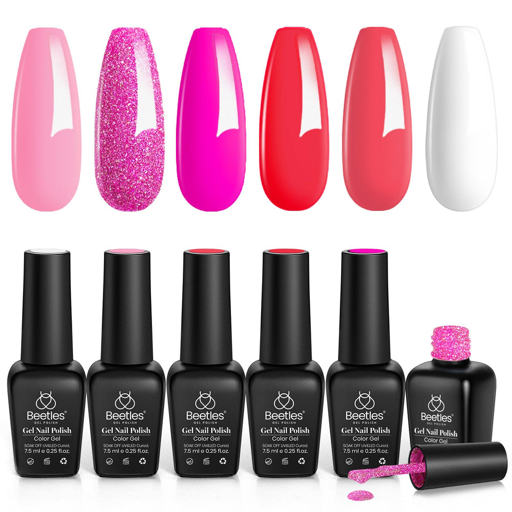 beetles Gel Polish front packaging showing six pink bottles and brand label, clear organization benefit