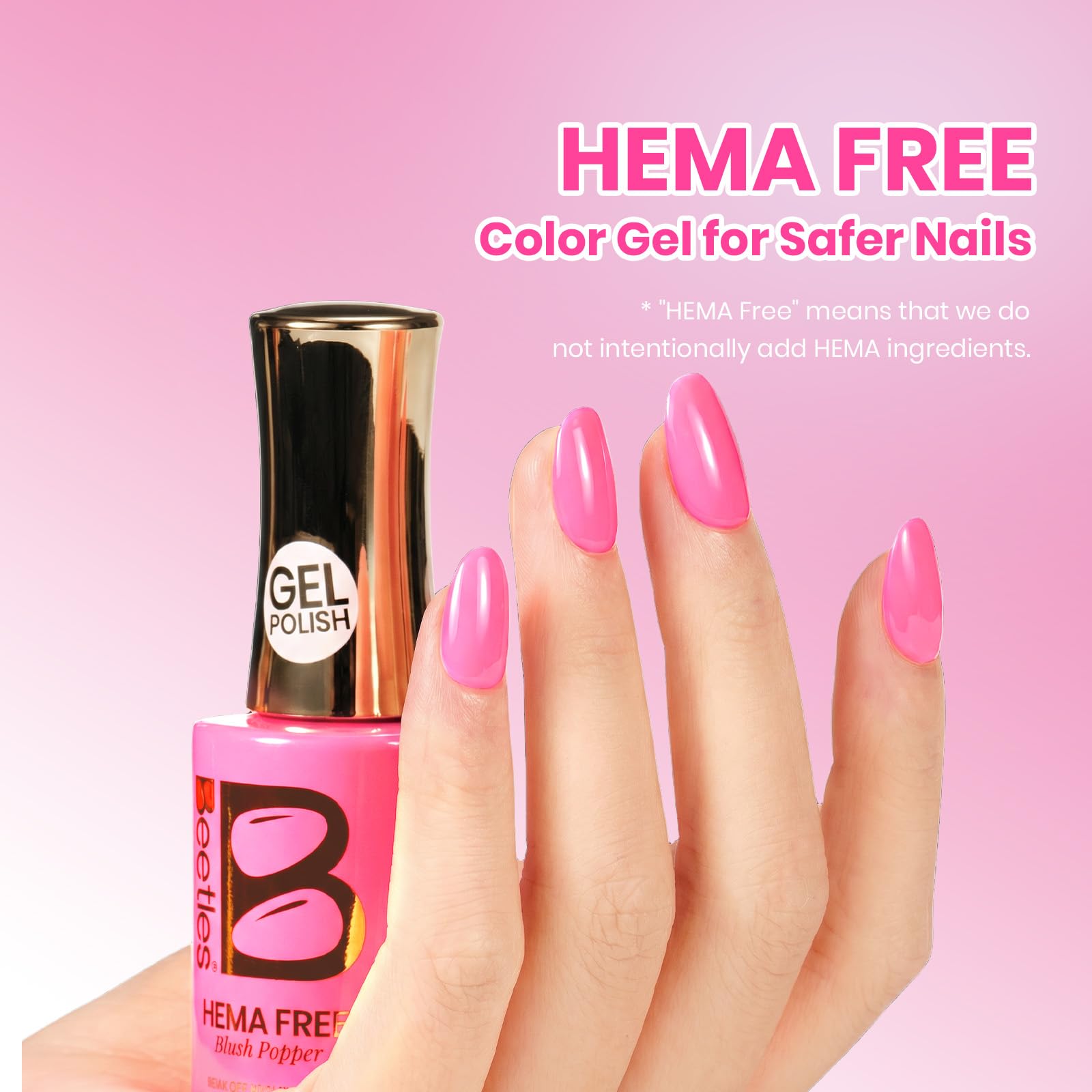 Beetles nails cured under LED lamp showing bright pink, long-lasting look