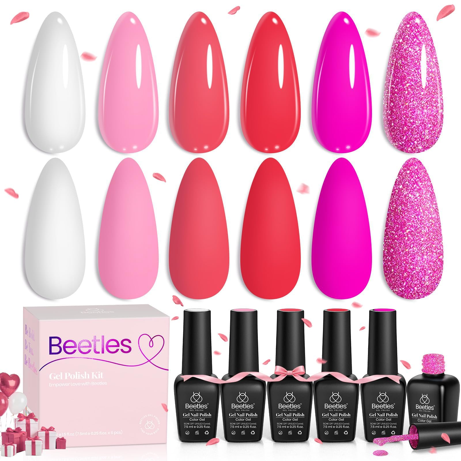 beetles Gel Polish six shades arranged flatlay on neutral background, displays color coordination