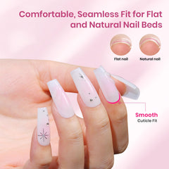 beetles tips in use being glued to a nail for quick salon-look extensions