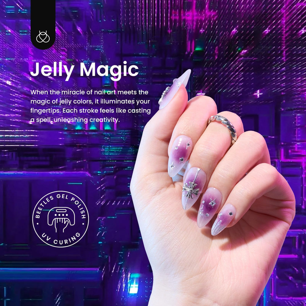 Beetles color swatches on fanned nails showing buildable translucent effect