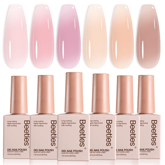 Beetles Gel Polish front packaging showing six sheer jelly colors and elegant kit design