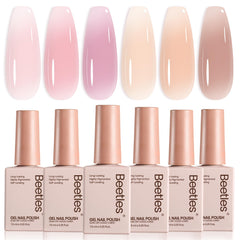 Beetles Gel Polish front packaging showing six sheer jelly colors and elegant kit design