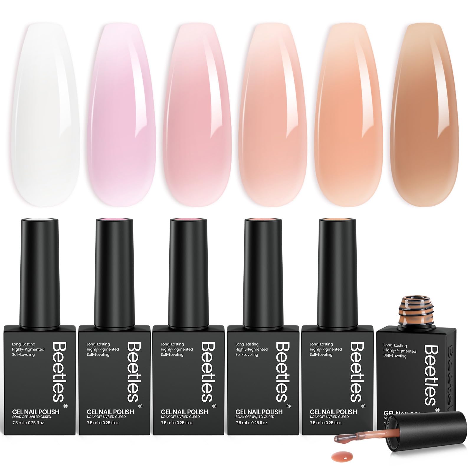 Beetles jelly gel front packaging showing six translucent shades and glossy finish benefit