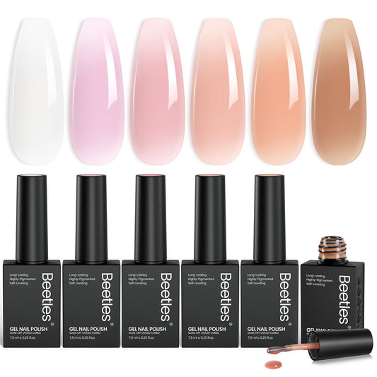 Beetles jelly gel front packaging showing six translucent shades and glossy finish benefit