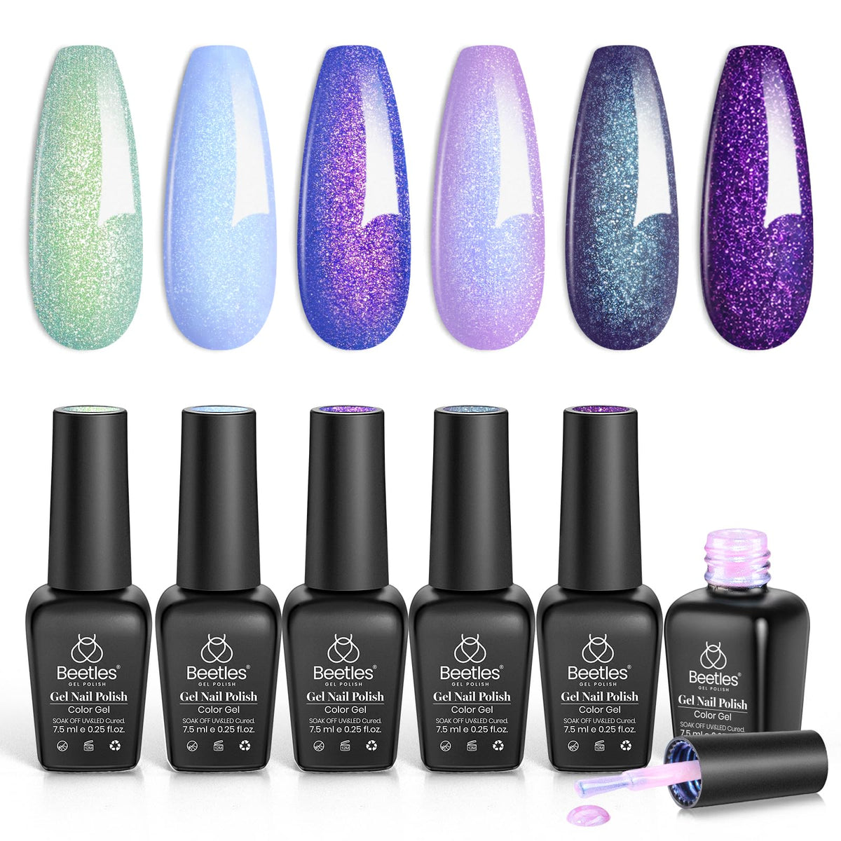 Beetles front packaging showing six chameleon shimmer gel bottles and box, salon-ready results