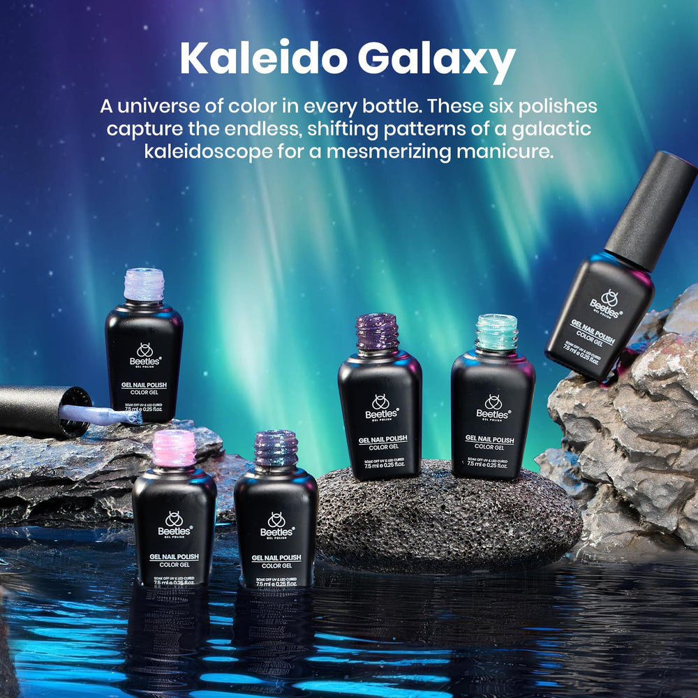 Beetles nail wheel swatches illustrating six Kaleido Galaxy shades and easy color selection