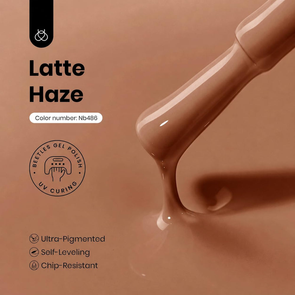Beetles Latte Haze swatches on nail tips illustrating opacity and tone