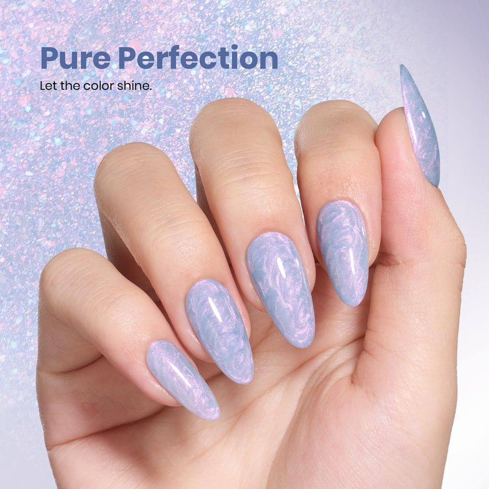 beetles gel polish brush stroke on nail showing blue-to-purple shimmer and glossy finish