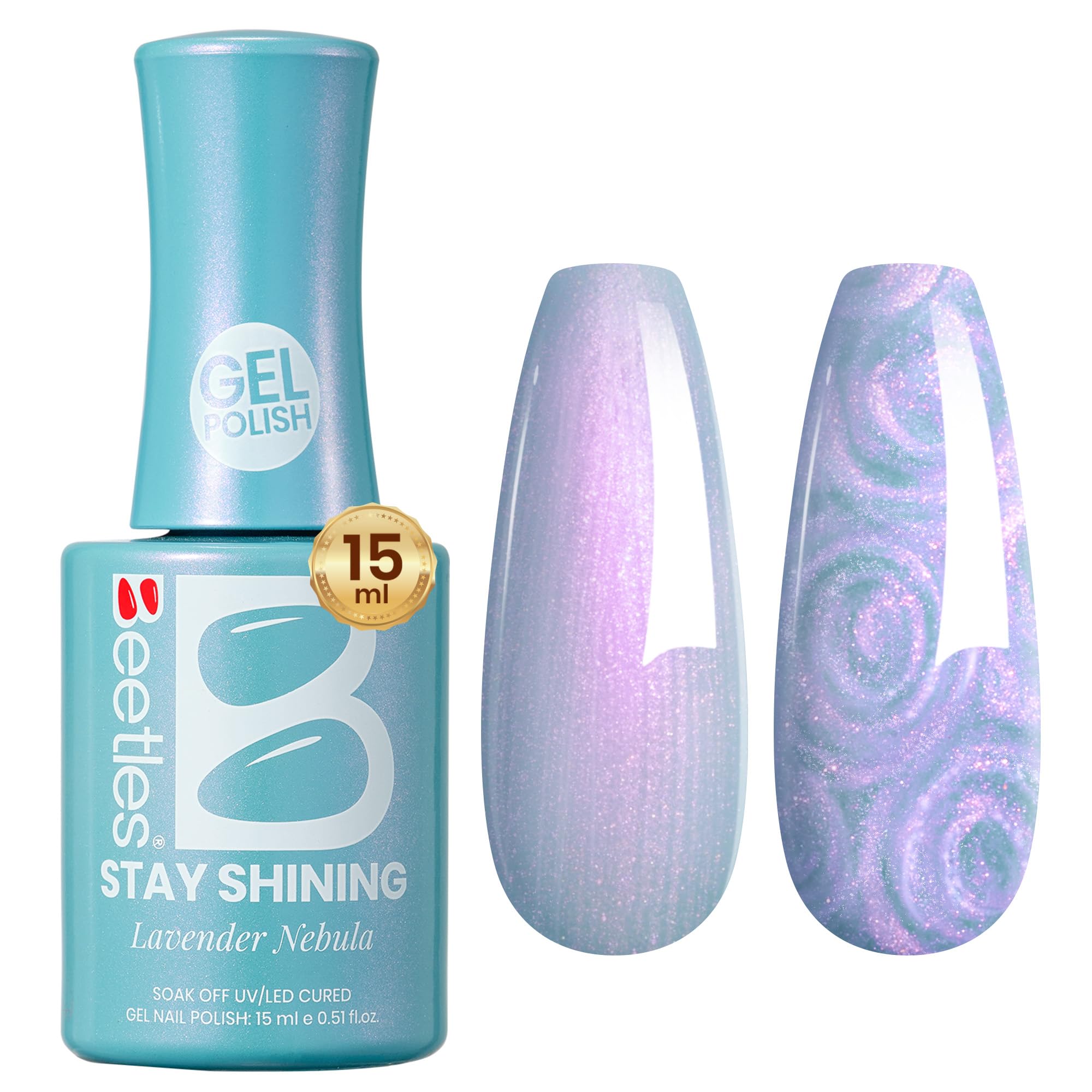 beetles gel polish bottle front view showing lavender nebula shade and shimmer benefit