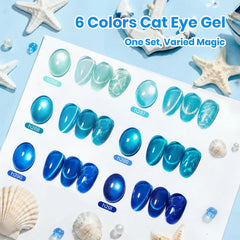 Beetles lineup of six blue shades showing color range and mixing options