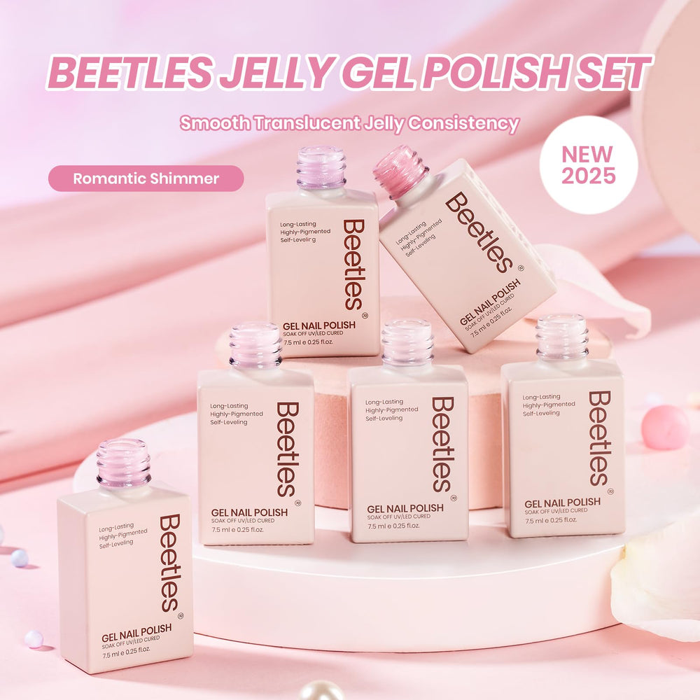 beetles bridal manicure with soft pink glitter demonstrating elegant event-ready finish