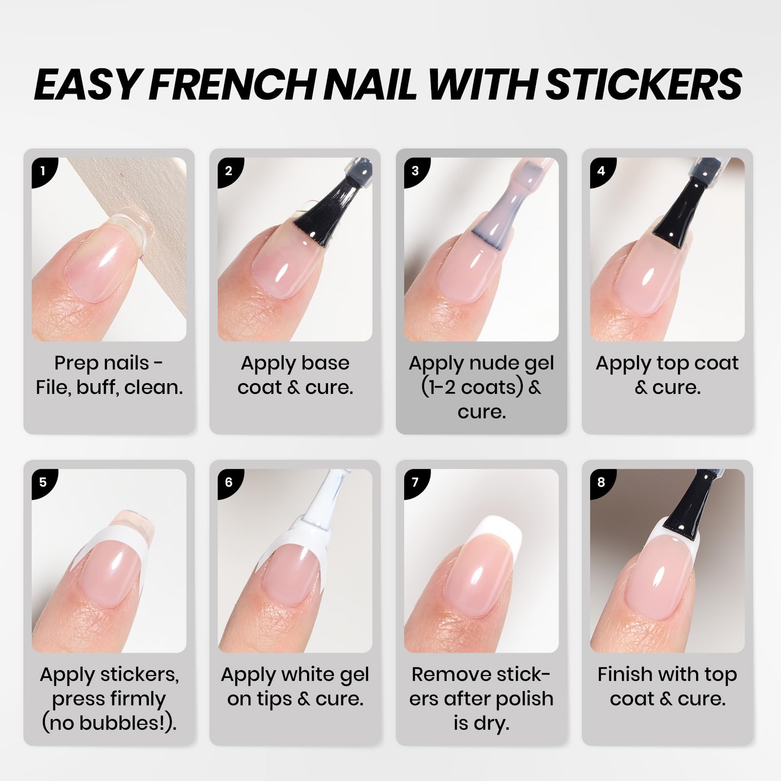 beetles finished French black and white manicure shown in lifestyle setting