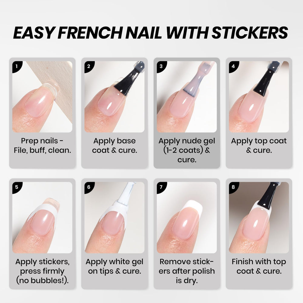 beetles finished French black and white manicure shown in lifestyle setting