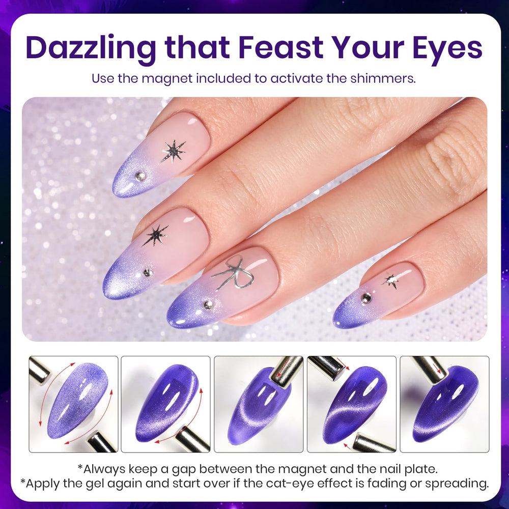 Beetles manicured hands outdoors showing purple holographic finish for eye-catching style