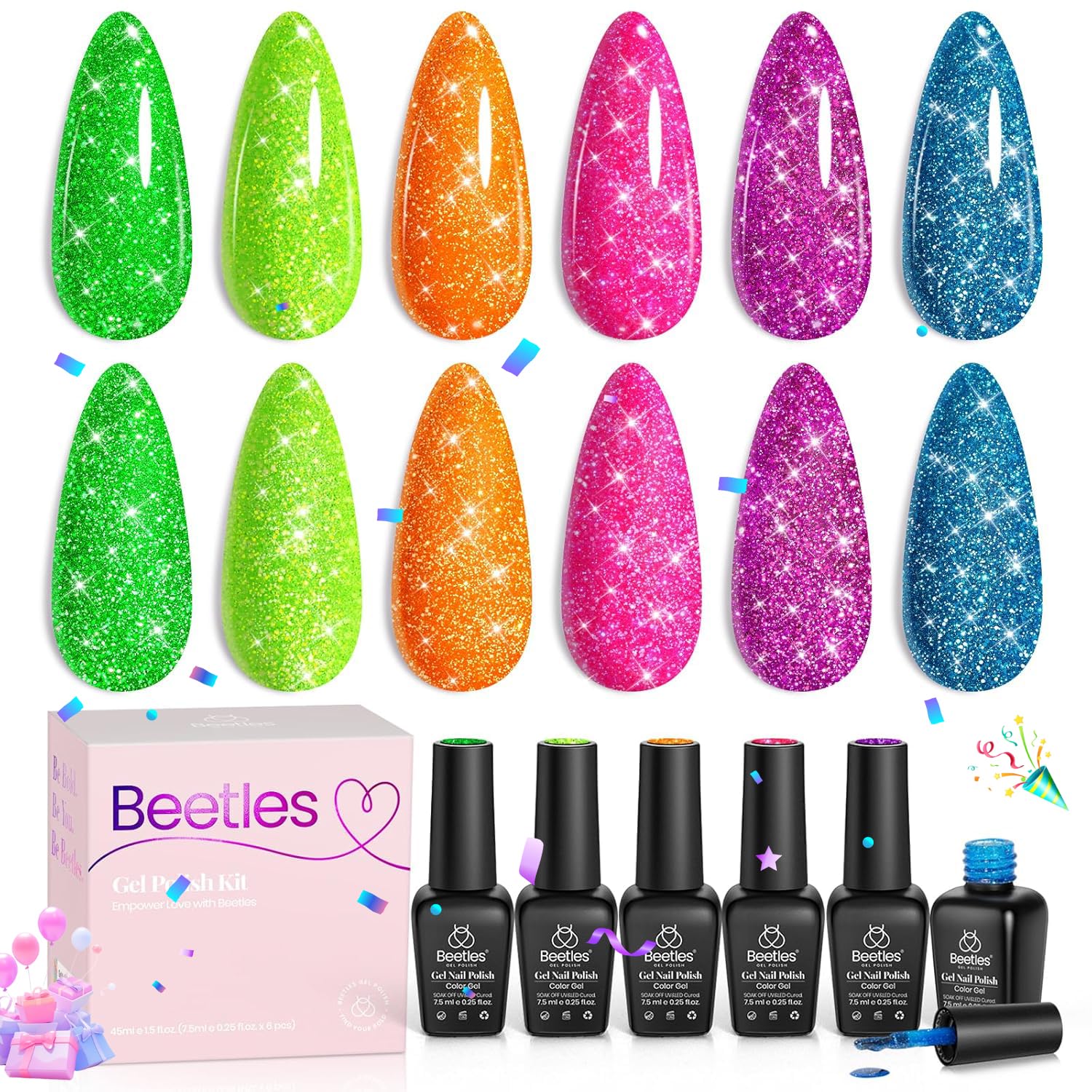 Beetles lifestyle party look nails on model showcasing neon glitter benefit eye-catching style