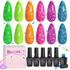 Beetles lifestyle party look nails on model showcasing neon glitter benefit eye-catching style
