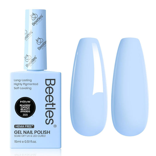 beetles Gel Polish front bottle showing light blue shade and clear labeling benefit quick identification