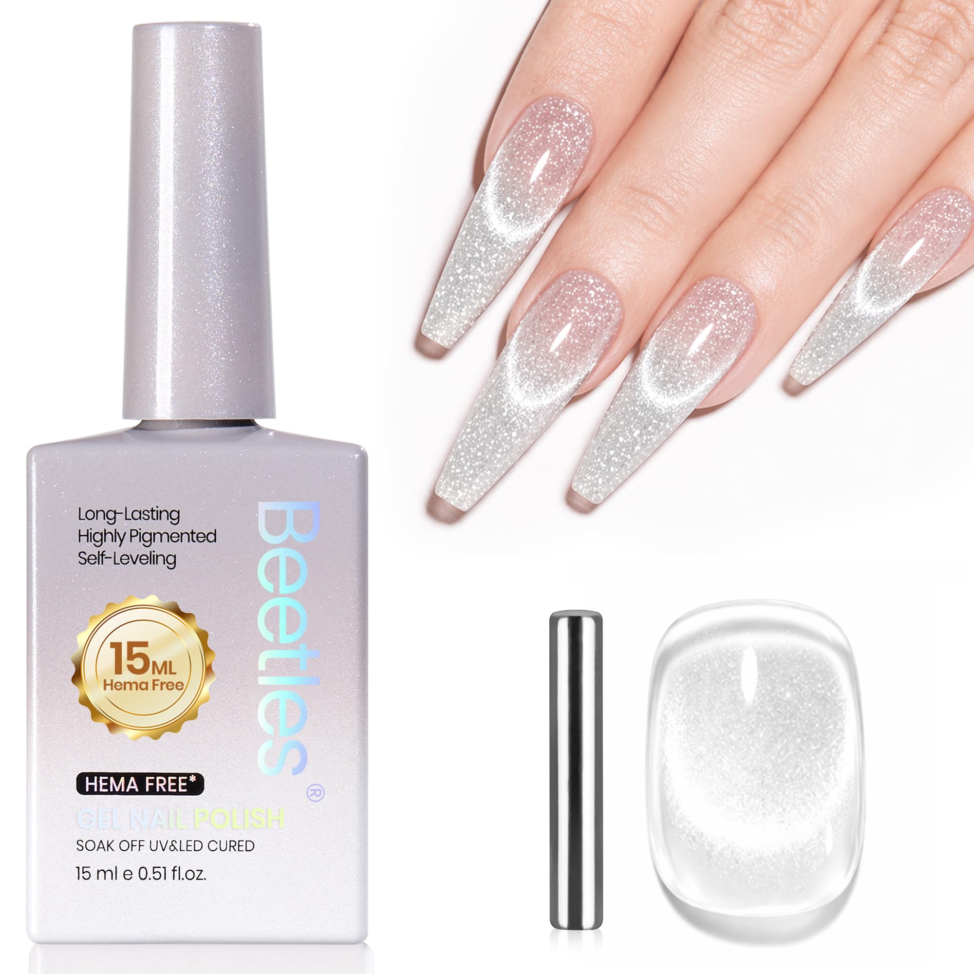 Beetles Gel Polish front bottle showing sleek silver label and 15ml capacity for easy storage