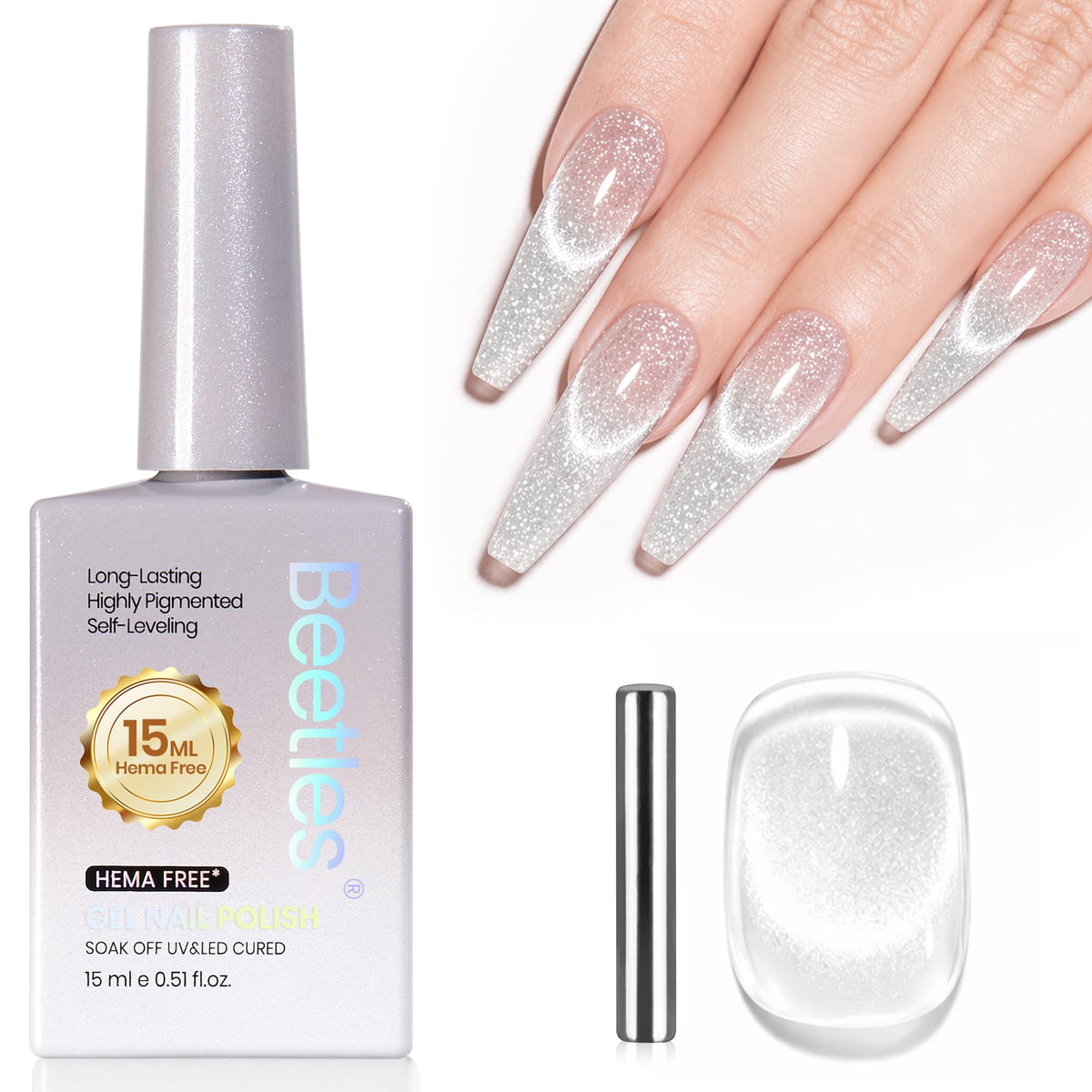 Beetles Gel Polish front bottle showing sleek silver label and 15ml capacity for easy storage