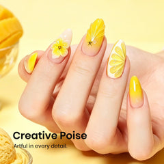Beetles nail swatch on hand displaying cured glossy yellow for bright, long-wearing manicure inspiration