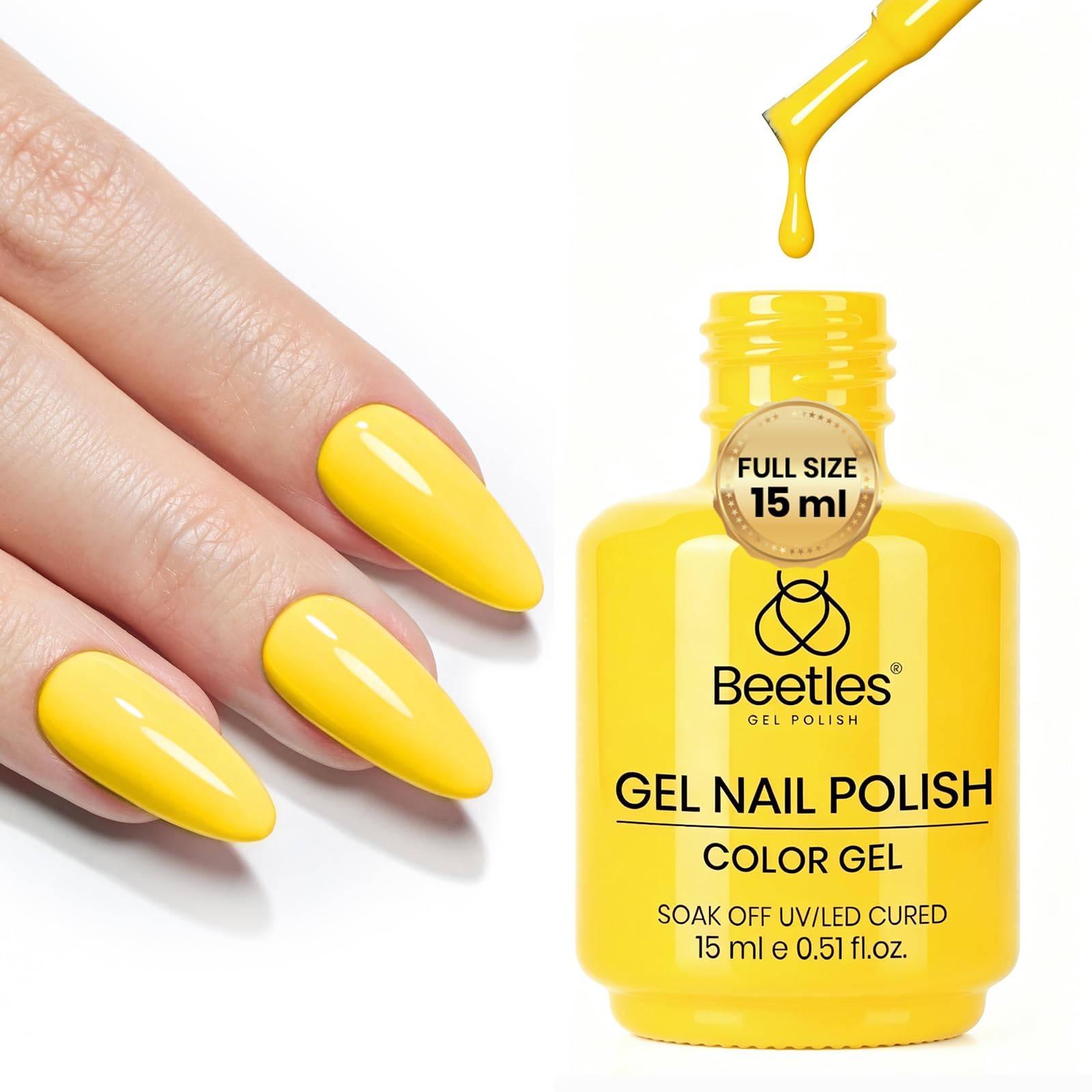Beetles bottle beside coin to show 15ML scale and convenient travel-friendly capacity