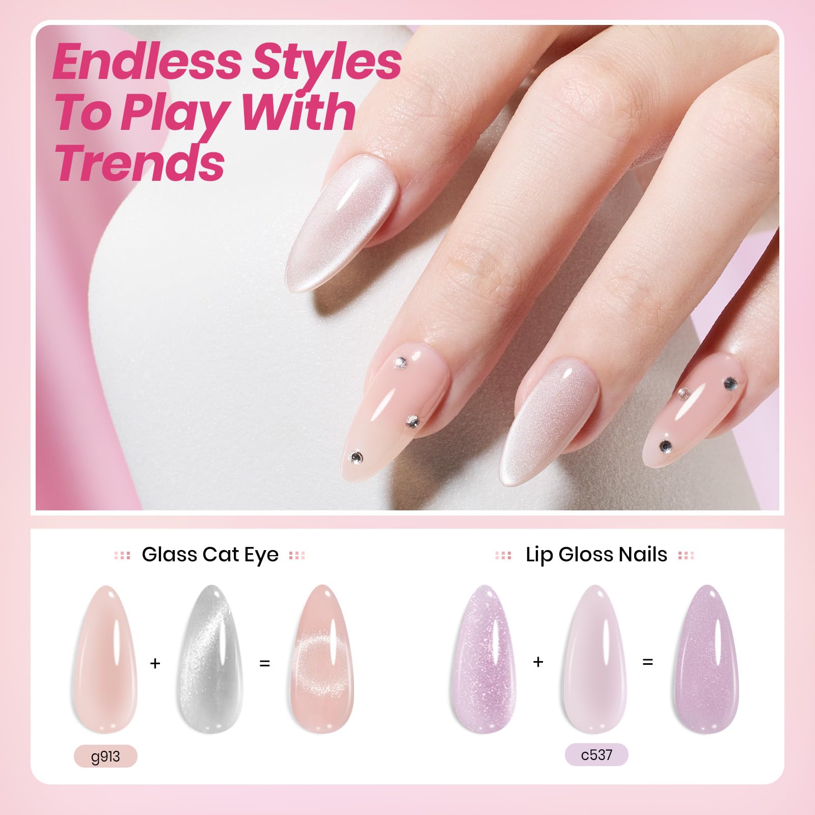 beetles model hands displaying finished glossy nude manicure