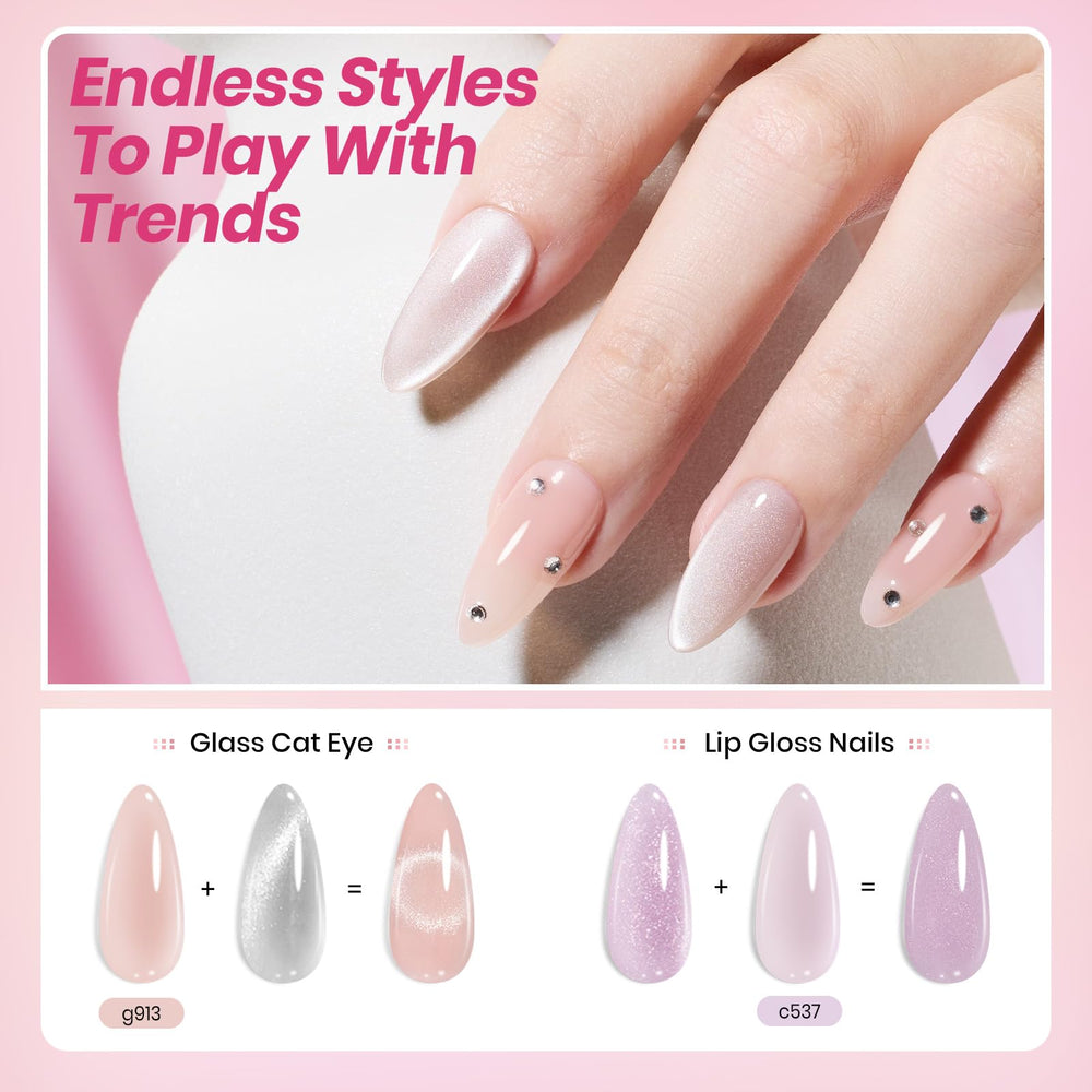 beetles model hands displaying finished glossy nude manicure