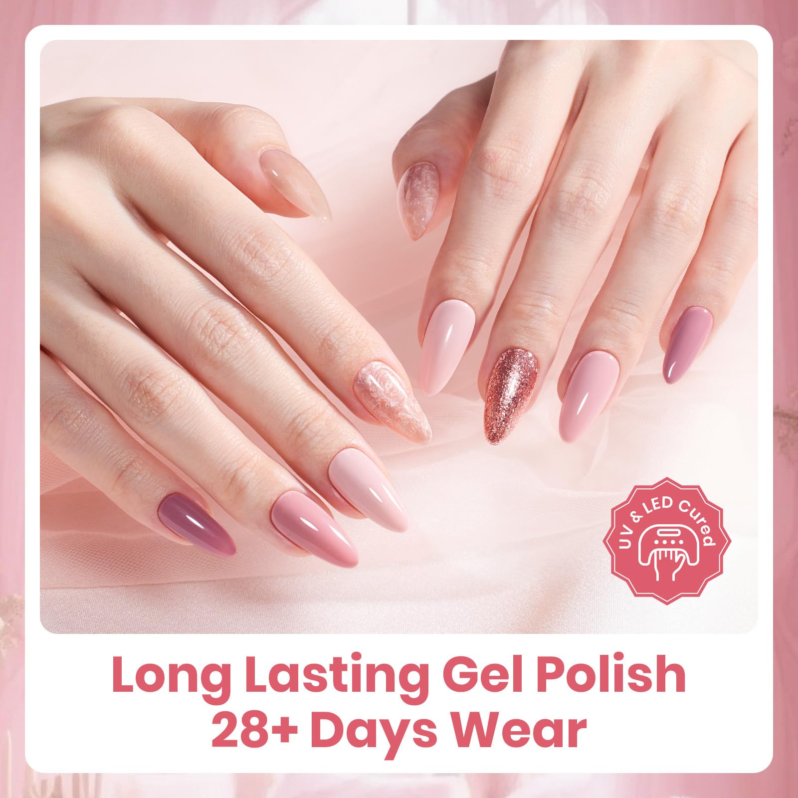 Beetles manicure in use on hands showing wearable soft pink finish for everyday wear