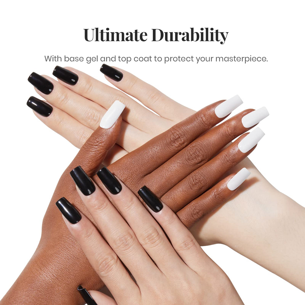 beetles finished manicure lifestyle shot showing classic black and white elegance