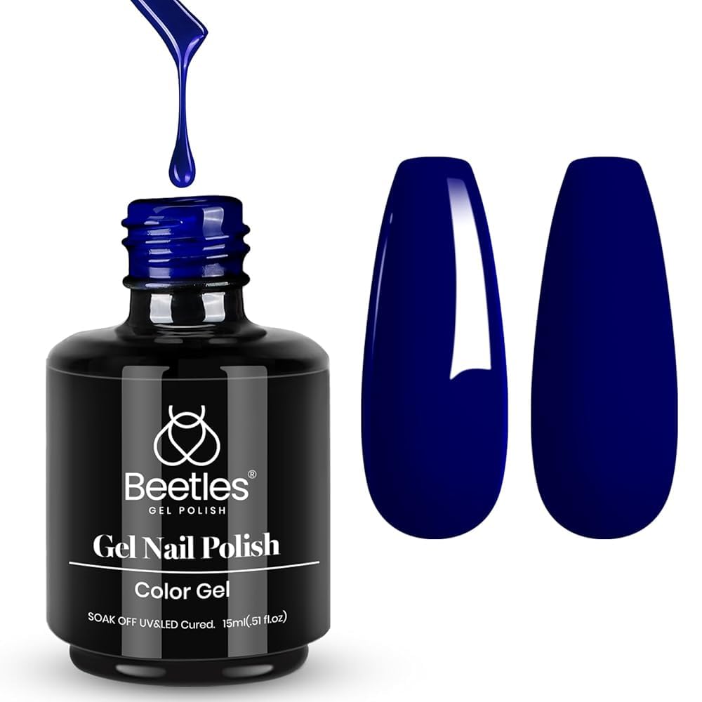 beetles styled manicure lifestyle photo showing salon-quality navy nails benefit