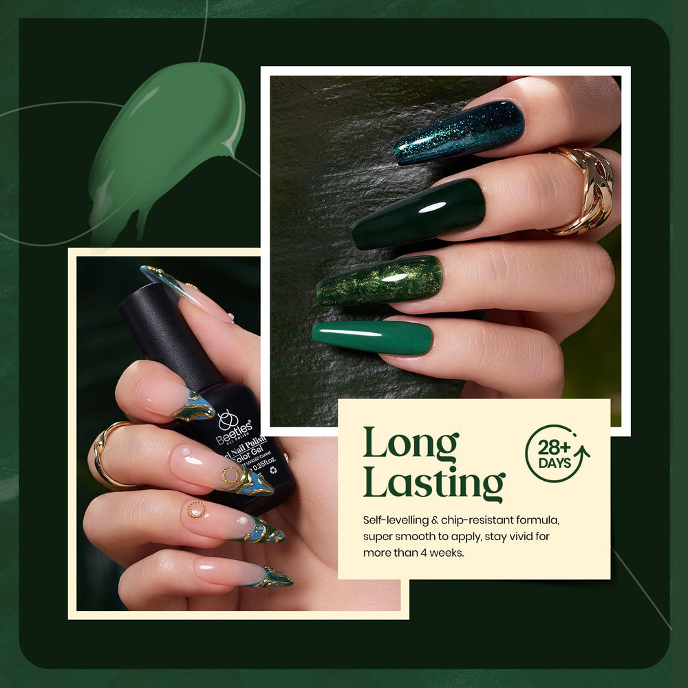 Beetles manicure on hands styled for St Patrick's celebration showcasing color